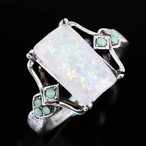 RESTOCK New Vintage Style Fire Opal Rectangular Cocktail Ring -Silver Opal Retro - Picture 3 of 16